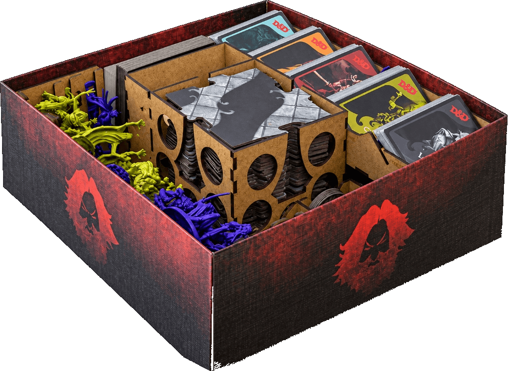 Custom laser-cut wooden tabletop board game organizer box with trays and card compartments