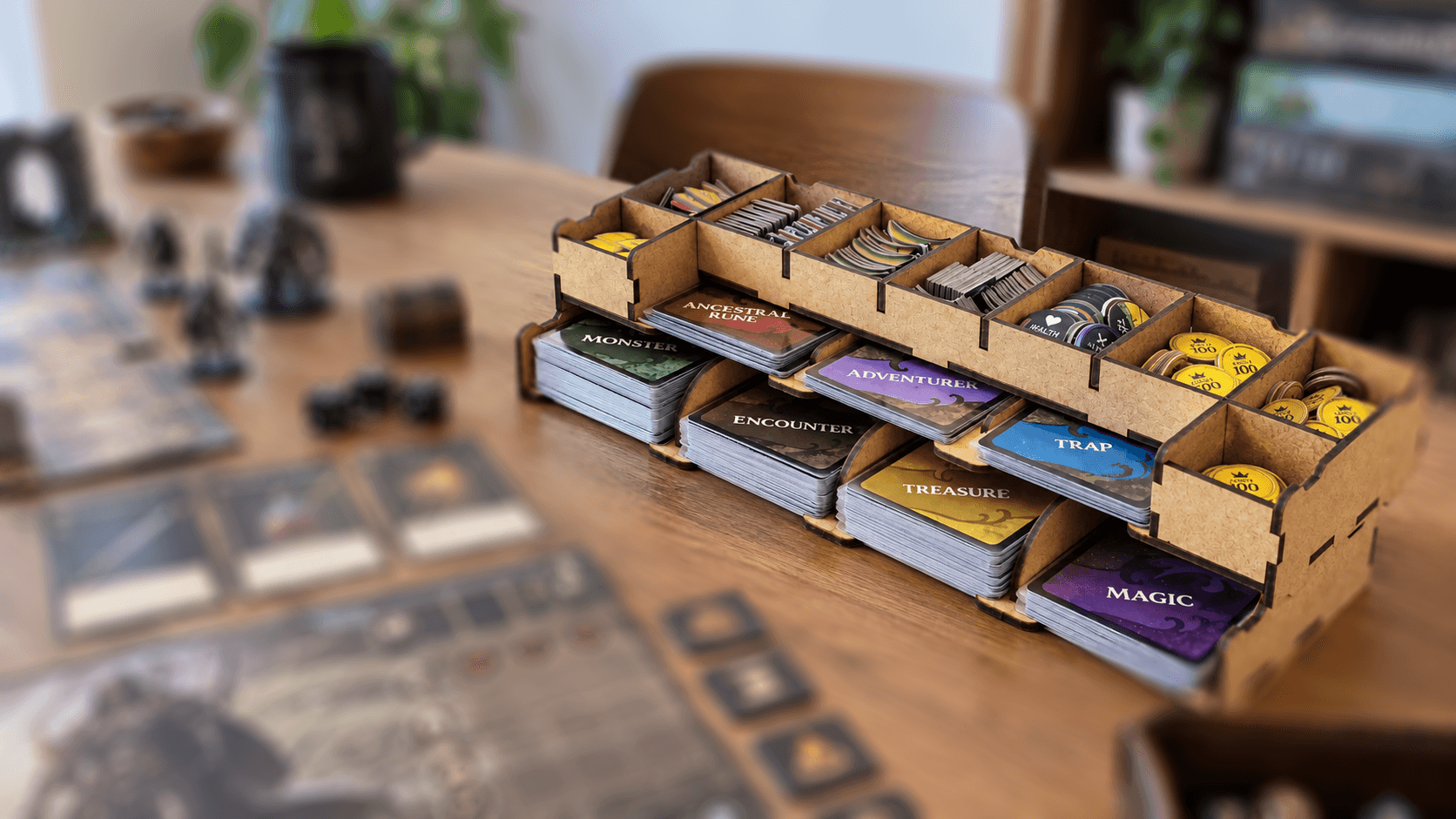 Knightsmiths precision wooden organizer on tabletop gaming setup